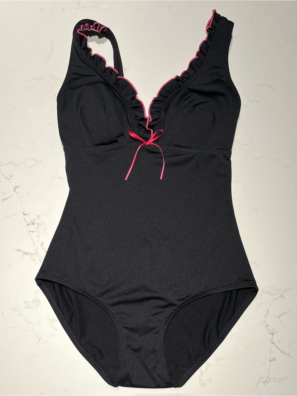 Gabar • 10 • One Piece Ruffle V Neck Full Bottom Swimsuit Black Pink Trim